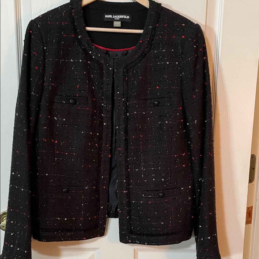NEW Karl Lagerfeld Black Tweed Jacket with Red and White Flecks